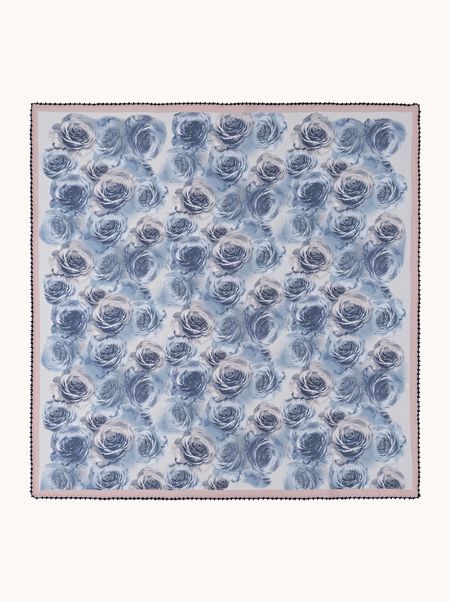 Silk scarf with a rose pattern and lace trim, 65x65 cm