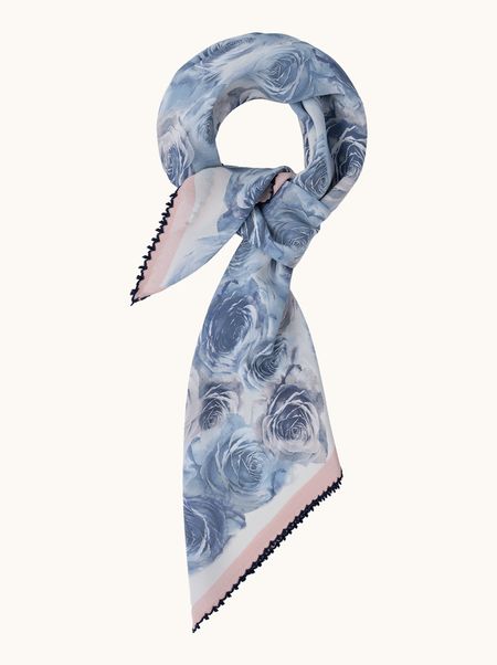 Silk scarf with a rose pattern and lace trim, 65x65 cm