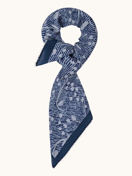 Blue silk scarf with floral pattern and lace trim, 65x65 cm
