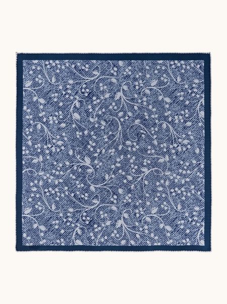 Blue silk scarf with floral pattern and lace trim, 65x65 cm