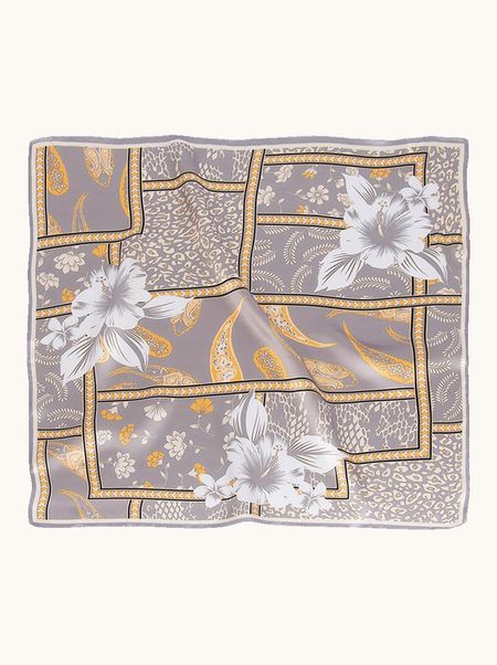 Apaszka jedwabna szara w kwiaty 53x53cm 