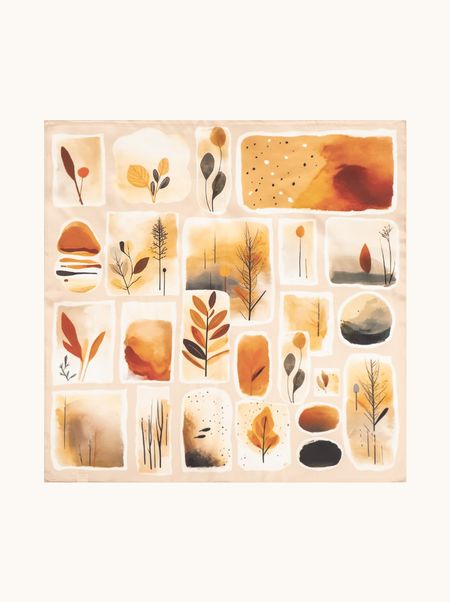 Apaszka jedwabna beżowa w roślinny wzór 53x53 cm