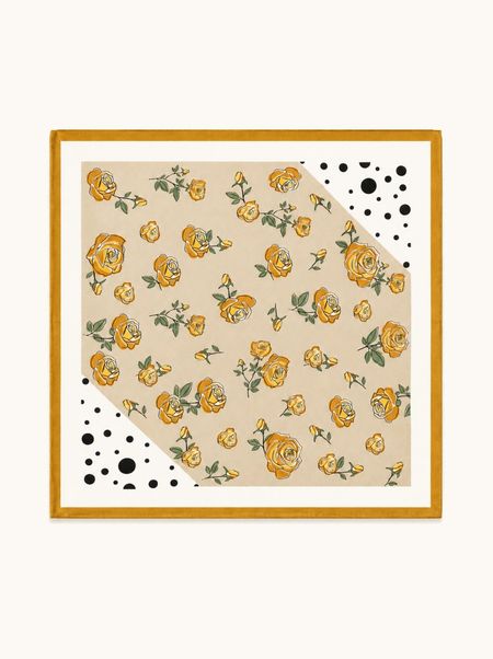 Apaszka jedwabna  beżowa kwiaty i grochy 53x53 cm