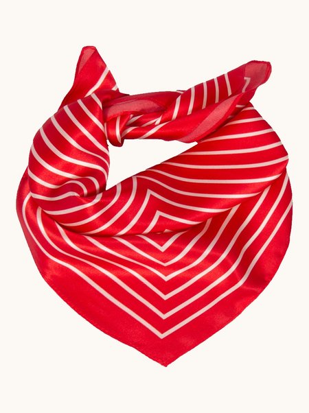 Red silk scarf with geometric stripes, 53x53 cm