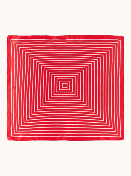 Red silk scarf with geometric stripes, 53x53 cm