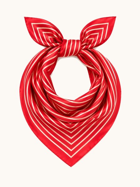 Red silk scarf with geometric stripes, 53x53 cm