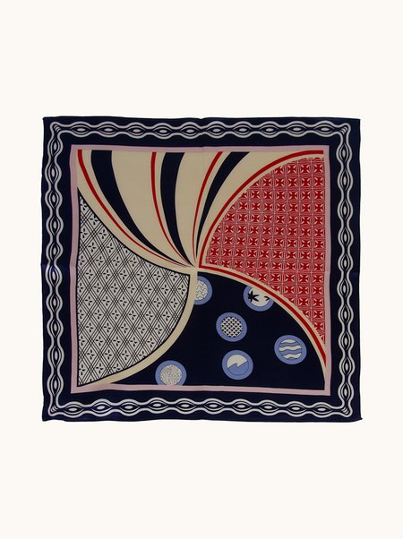 Navy blue silk scarf with geometric patterns, 53x53 cm