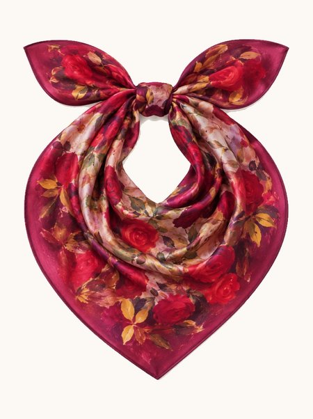 Raspberry-colored silk scarf with a floral pattern, 53x53 cm