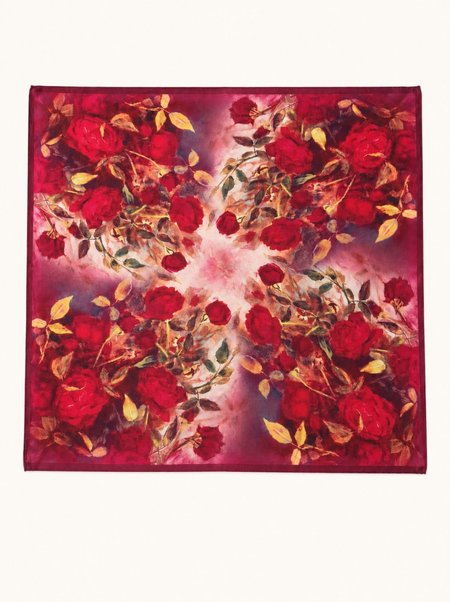 Raspberry-colored silk scarf with a floral pattern, 53x53 cm