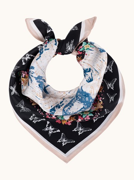 Silk scarf with flowers and butterflies, 53x53 cm