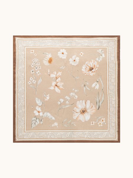 Beige silk scarf with a floral pattern, 53x53 cm
