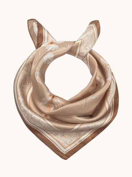 Beige silk scarf with a floral pattern, 53x53 cm
