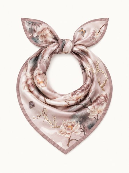 Pink Silk Scarf with Peony Print, 53x53 cm