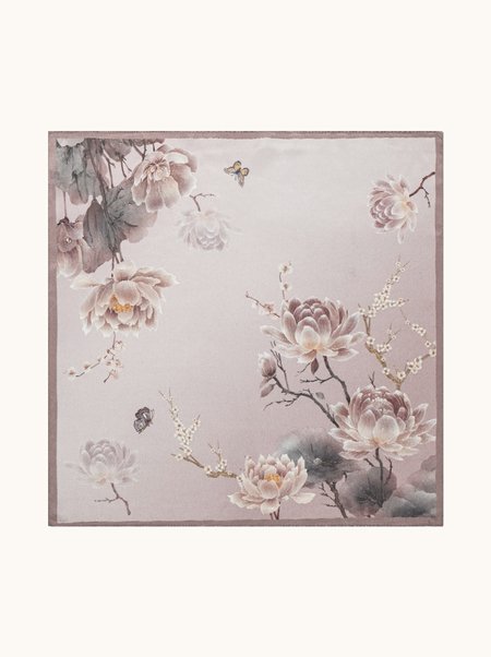 Pink Silk Scarf with Peony Print, 53x53 cm