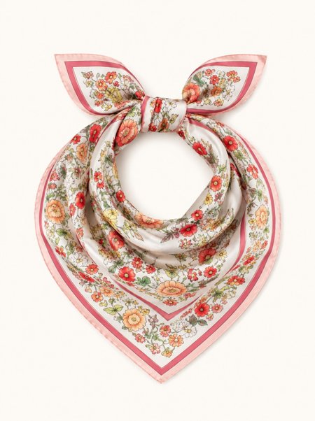 Pink silk scarf with a floral pattern, 53x53 cm