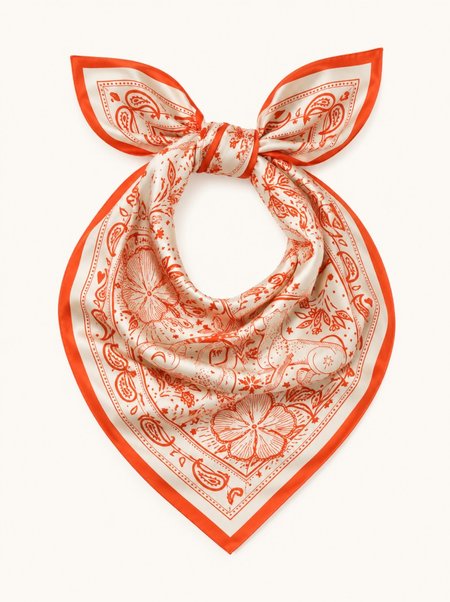 White silk scarf with orange paisley pattern, 53x53 cm