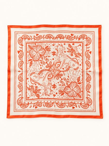 White silk scarf with orange paisley pattern, 53x53 cm