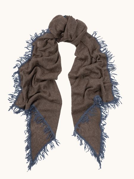 Szal kaszmirowy brązowy z niebieskimi frędzlami 55x180 cm PREMIUM
