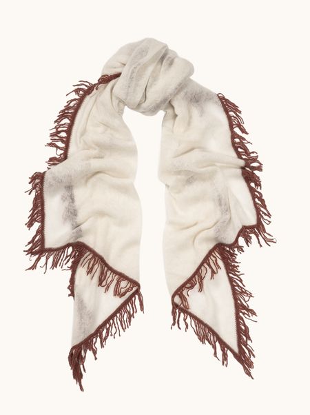 Szal kaszmirowy ecru z czerwonymi frędzlami 55x180 cm PREMIUM