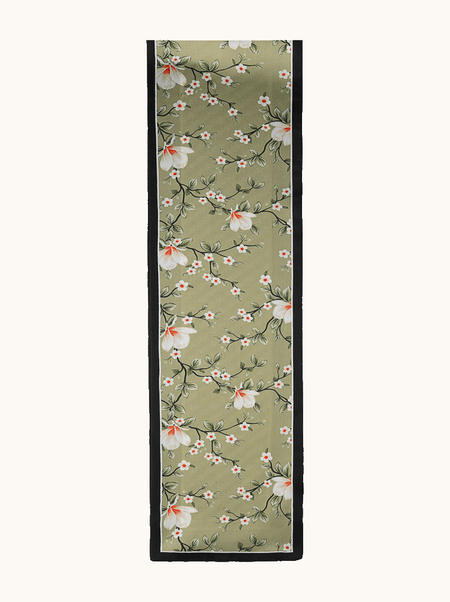 Szal jedwabny zielony w roślinny wzór 16x145 cm