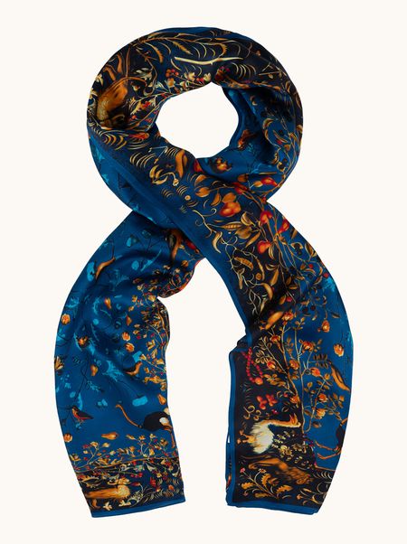 Szal jedwabny granatowy z roślinnym ornamentem 55x175 cm