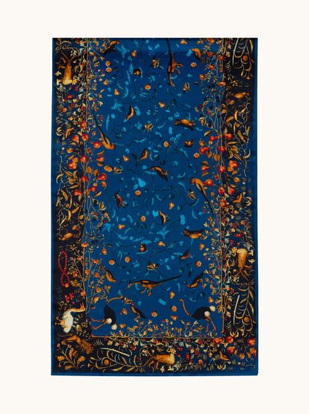 Szal jedwabny granatowy z roślinnym ornamentem 55x175 cm