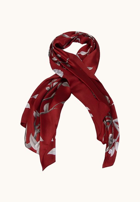 Burgundy silk scarf with floral pattern, 55x175 cm