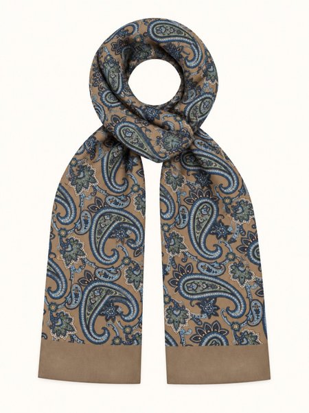 Męski szal jedwabny oliwkowy w paisley 100% jedwab 25×160 cm