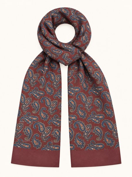 Men's burgundy silk scarf with a paisley pattern, 100% silk, 25×160 cm