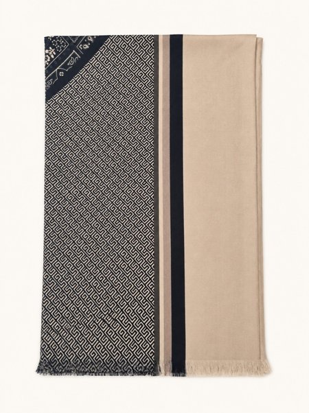Men's beige and black silk scarf with a geometric pattern, 100% silk, 25×160 cm