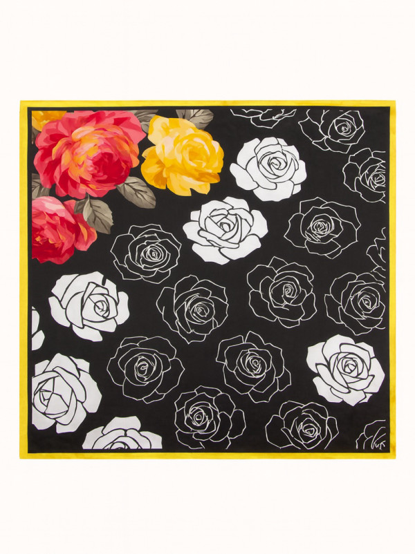 Duża apaszka damska 100% jedwab w białe kwiaty żółtą obwódką 88cm x88cm