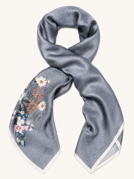 Silk scarf in navy blue patterns with floral motif 55x175 cm