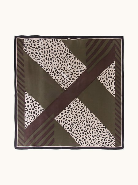 Green silk scarf with leopard print, 53x53 cm