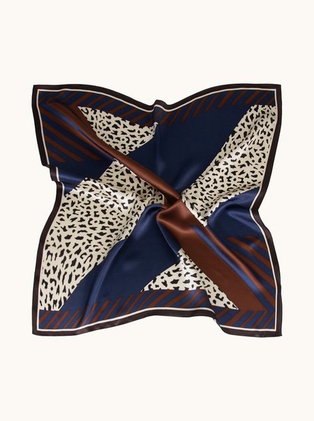 Blue Silk Scarf with Leopard Print, 53x53 cm