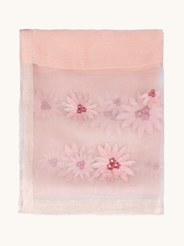 Silk and wool evening shawl - powder pink with floral embroidery and gold thread 70cm x180 cm