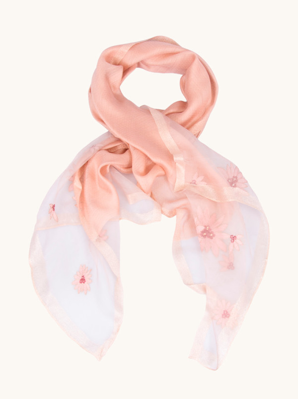 Wieczorowy szal z jedwabiu i wełny pudrowy róż z haftem kwiatowym i złotą nitką70cm x180 cm