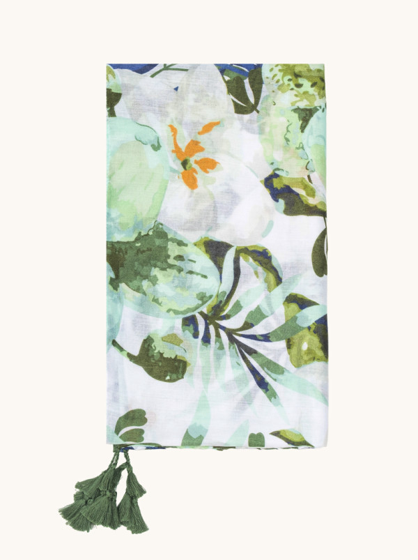 Lekki szal z tropikalnym printem z frędzlami 90cm x 190cm