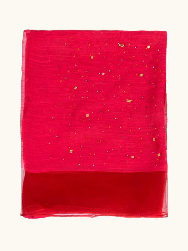 Red evening shawl in silk and viscose with glittering appliqués 92cm x 200cm