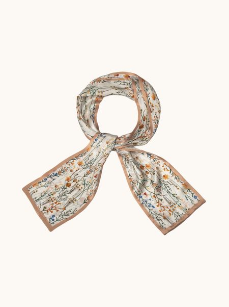 Szal jedwabny kremowy w roślinny wzór 16x145 cm