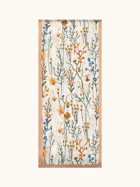 Szal jedwabny kremowy w roślinny wzór 16x145 cm