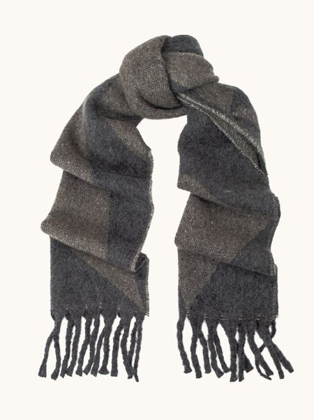 Ciepły szal z wełną szary w geometryczne wzory z frędzlami 40x200 cm