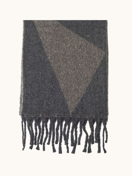 Ciepły szal z wełną szary w geometryczne wzory z frędzlami 40x200 cm