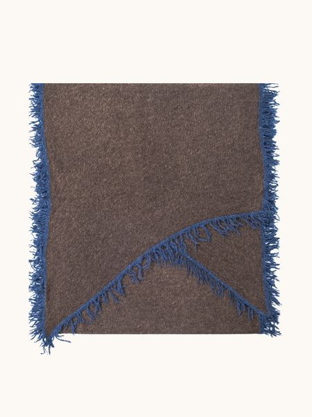 Szal kaszmirowy brązowy z niebieskimi frędzlami 55x180 cm PREMIUM
