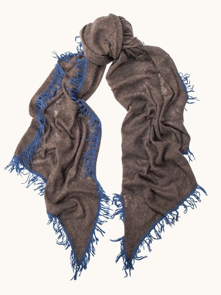 Szal kaszmirowy brązowy z niebieskimi frędzlami 55x180 cm PREMIUM