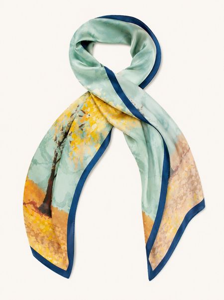 Silk scarf in shades of blue and yellow, 55x175 cm