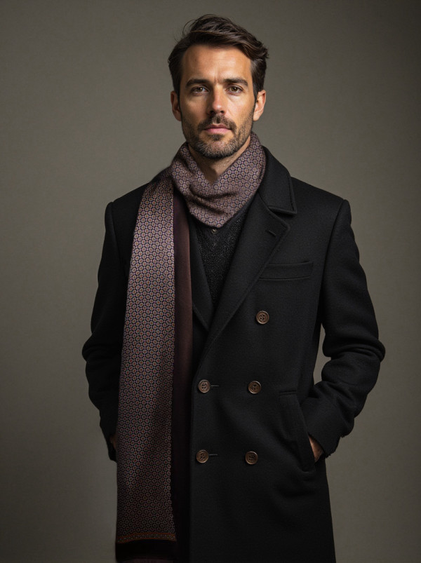 Ekskluzywny męski szal jedwabny brązowy we wzory 30 cm x 180 cm