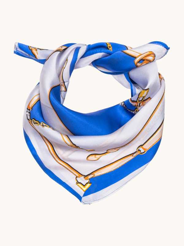 Small silk scarf classic blue and white with harness motif 53cm x53cm
