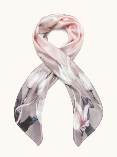 Gray and pink silk scarf with white tulips, 55x175 cm