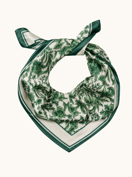 Green silk scarf with a floral pattern, 53x53 cm