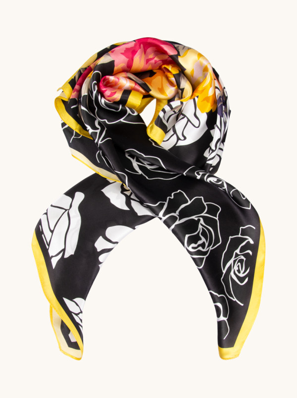 Duża apaszka damska 100% jedwab w białe kwiaty żółtą obwódką 88cm x88cm